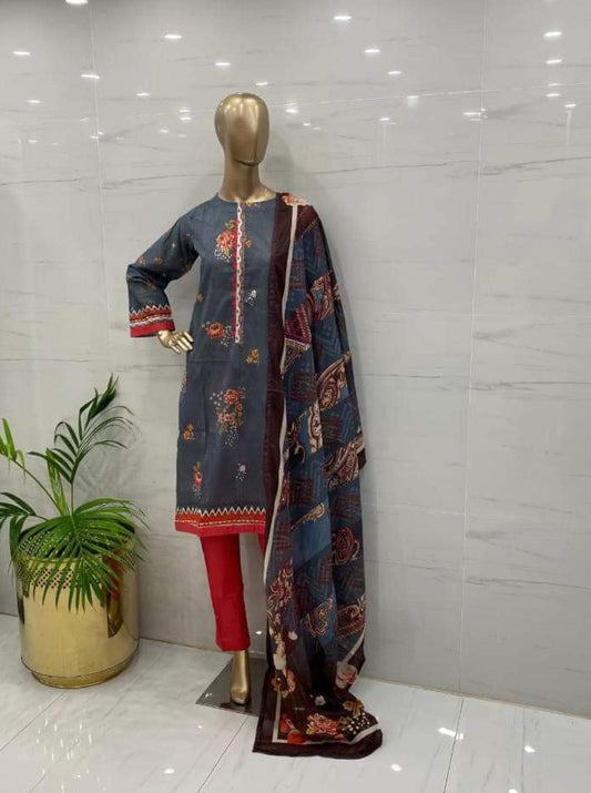 Grey Viscose Printed 3Pcs Suits - (VPG309)