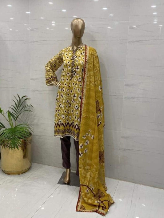 Yellow Viscose Printed 3Pcs Suits - (VPY308)